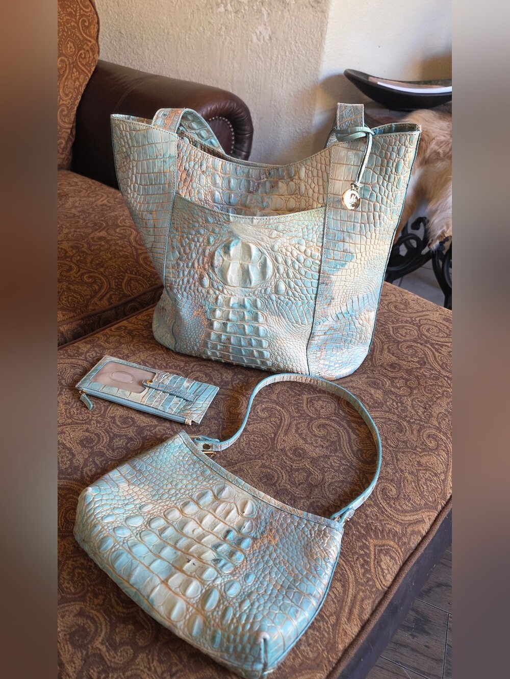 Brahmin Serendipity Moc Croc Marbled Blue Gold XL Brayden 3-Piece Set